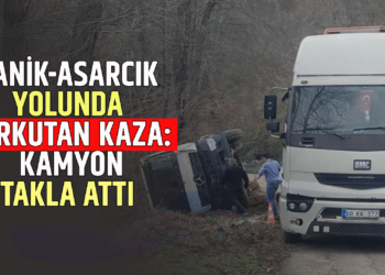 CANİK-ASARCIK YOLUNDA KORKUTAN KAZA:KAMYON TAKLA ATTI